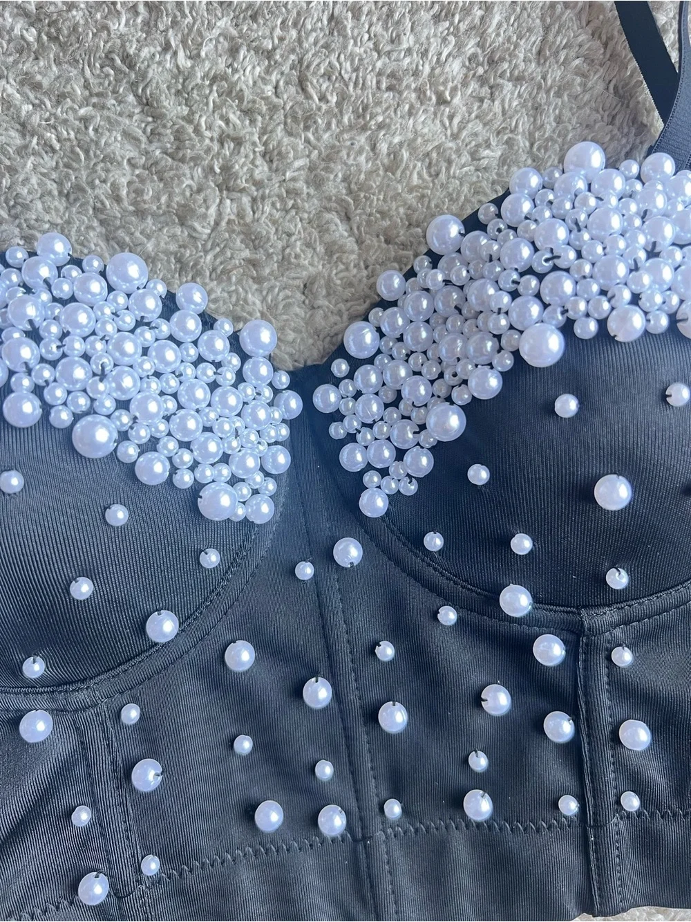 Black Pearl-Embellished Bustier Crop Top. Size Xs